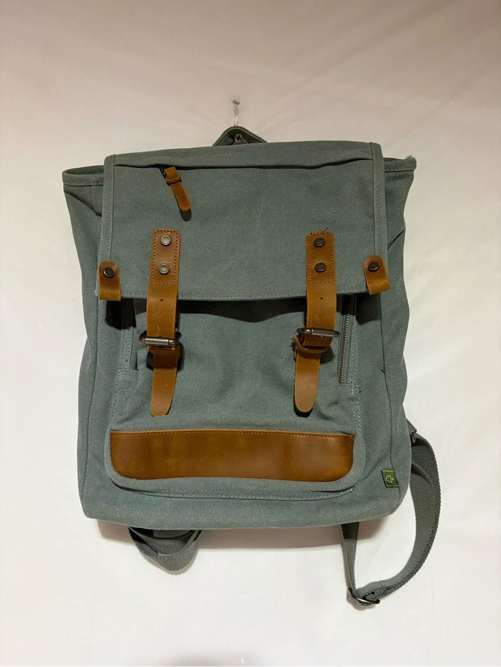 TSD Canvas Daypack Backpack with Tan Leather Accents - Green